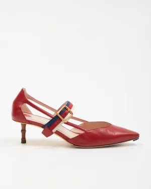 Gucci Red Malaga Web Kitten Bamboo Heel Pumps- 39