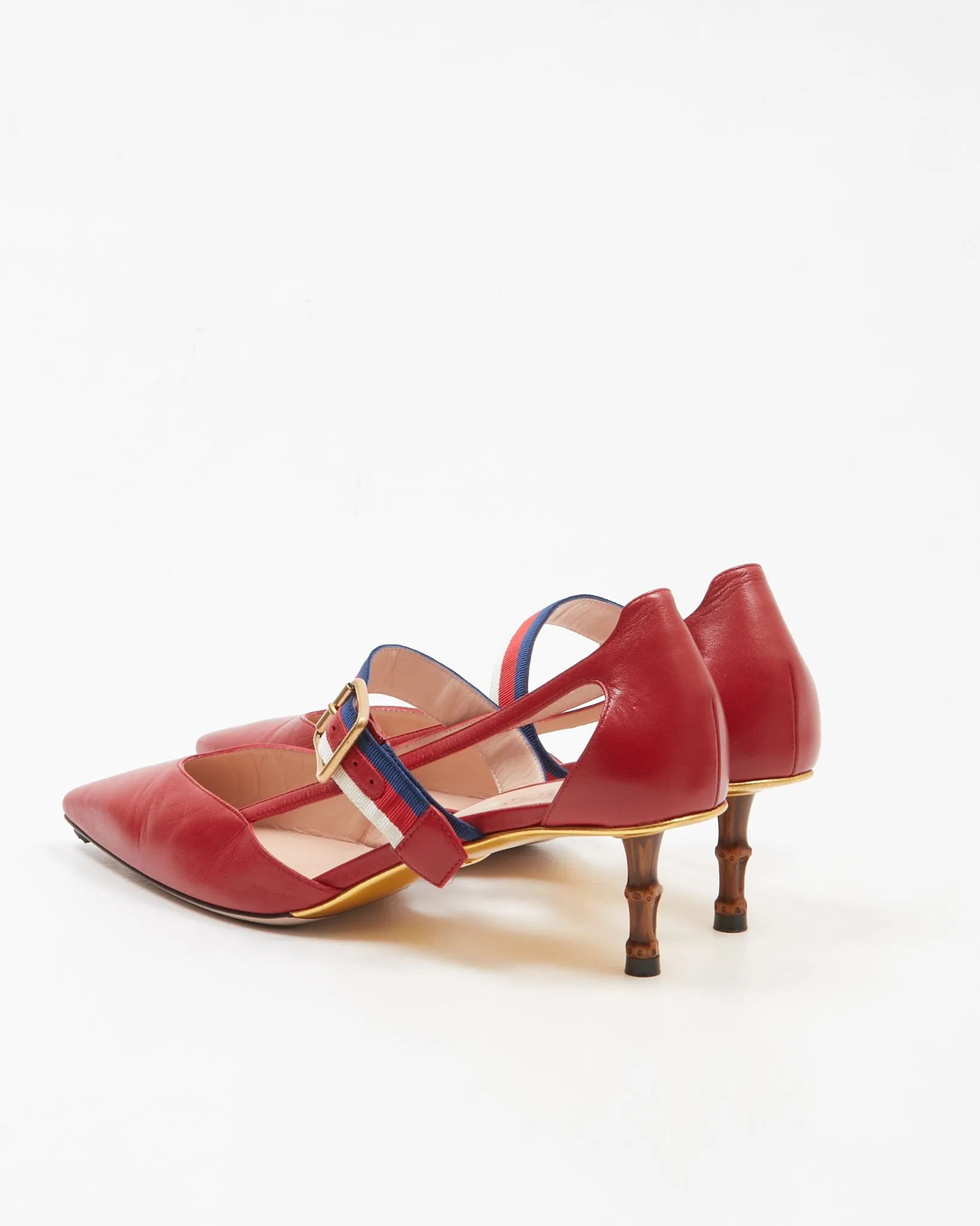 Gucci Red Malaga Web Kitten Bamboo Heel Pumps- 39