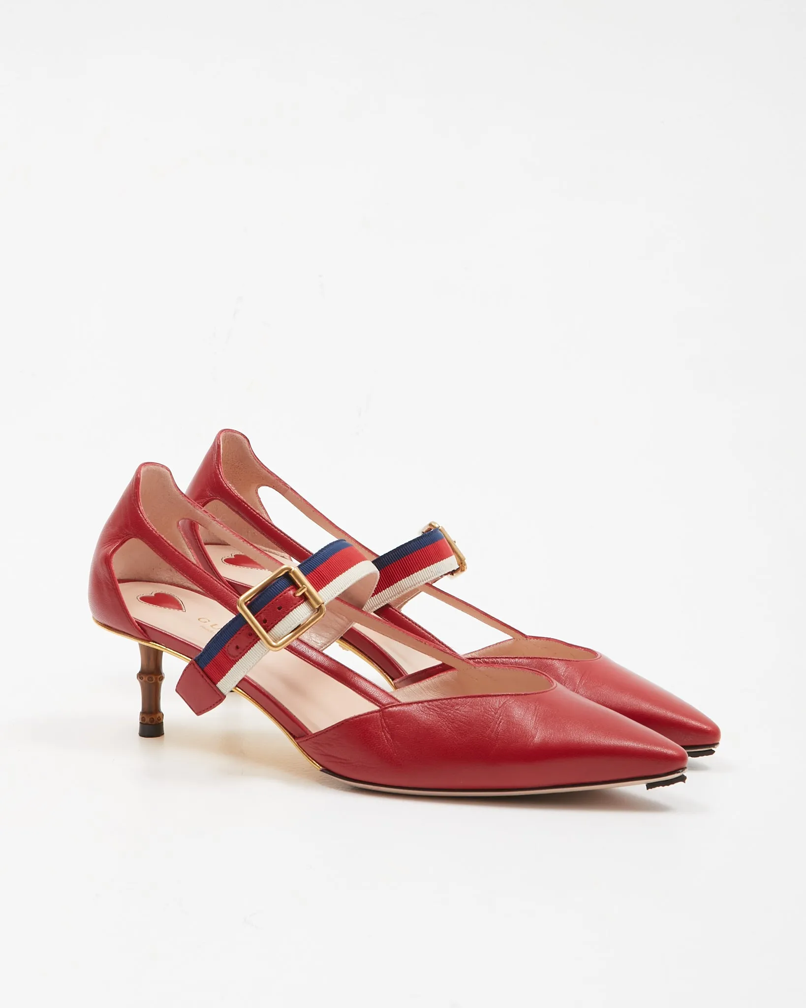 Gucci Red Malaga Web Kitten Bamboo Heel Pumps- 39