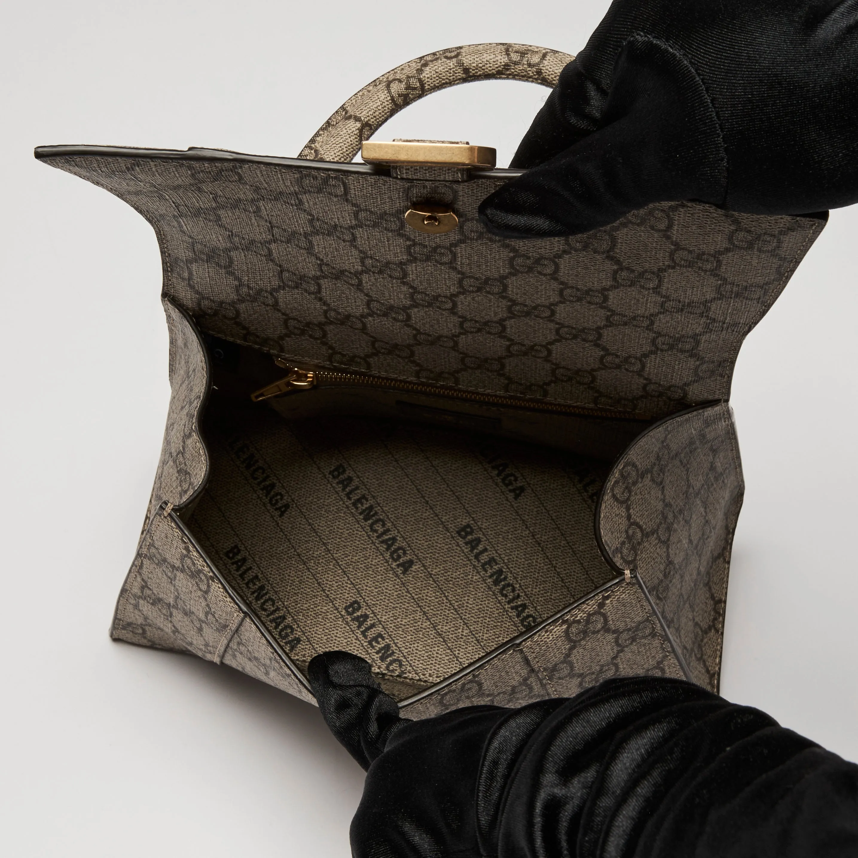 Gucci x Balenciaga Coated Monogram Canvas The Hacker Project Hour Glass Top Handle Hand Bag