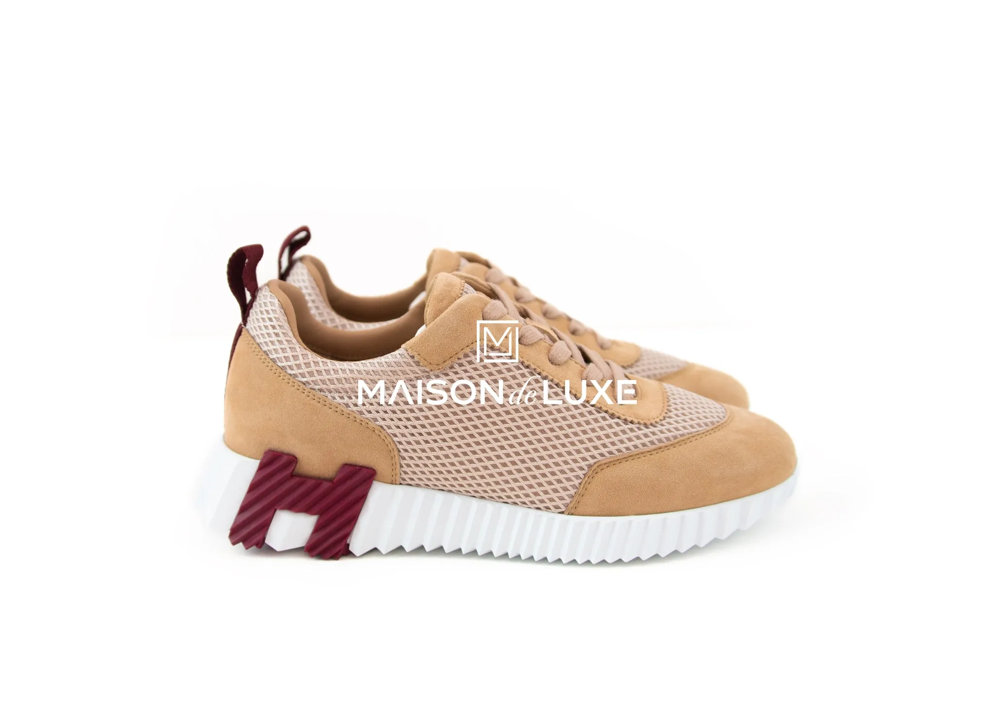 Hermes Women's Beige Argile / Burgundy Bouncing 38 Sneaker