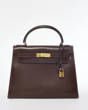 Hermès Brown Box Leather Vintage Kelly Sellier 28 GHW
