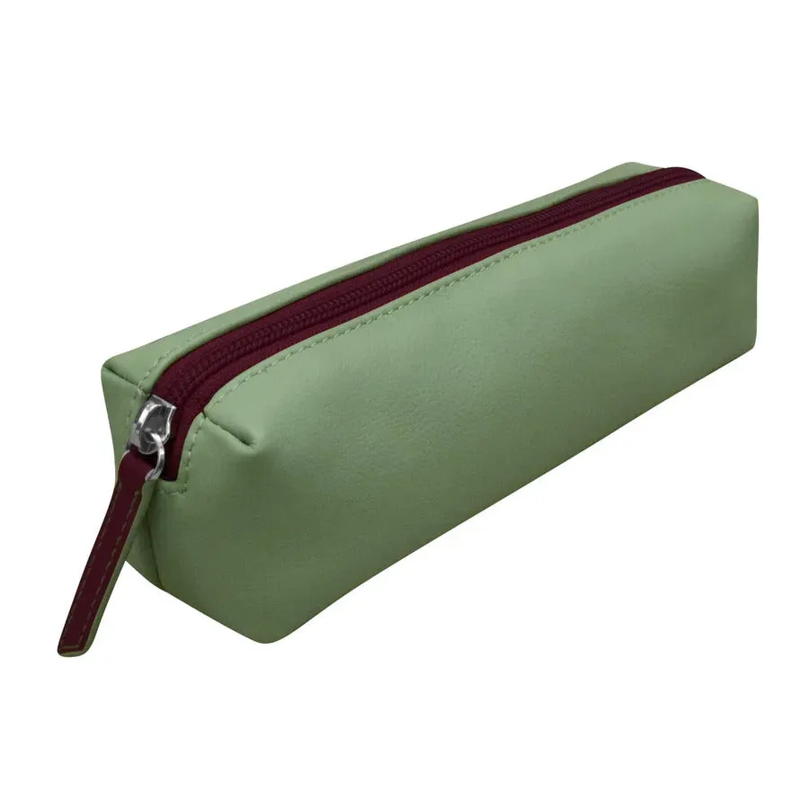 ILI New York Leather Two Tone Pencil Case Bag Zip Navy Blue Chambray Purse NEW