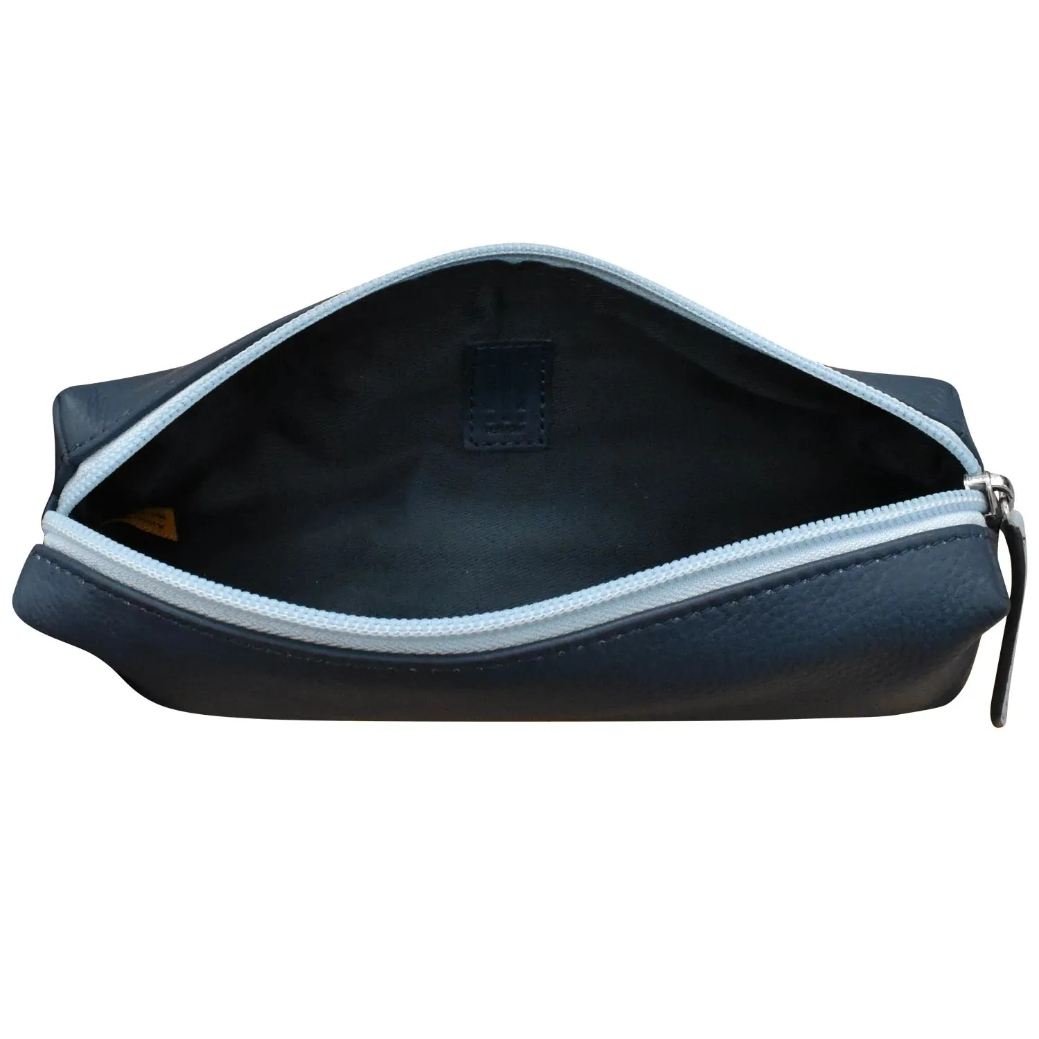 ILI New York Leather Two Tone Pencil Case Bag Zip Navy Blue Chambray Purse NEW