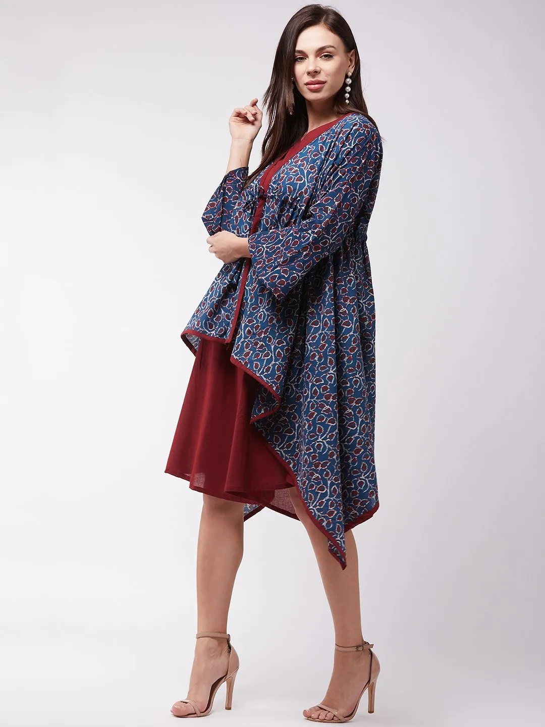 Indigo Blue Jaal Print Dress With Shrug