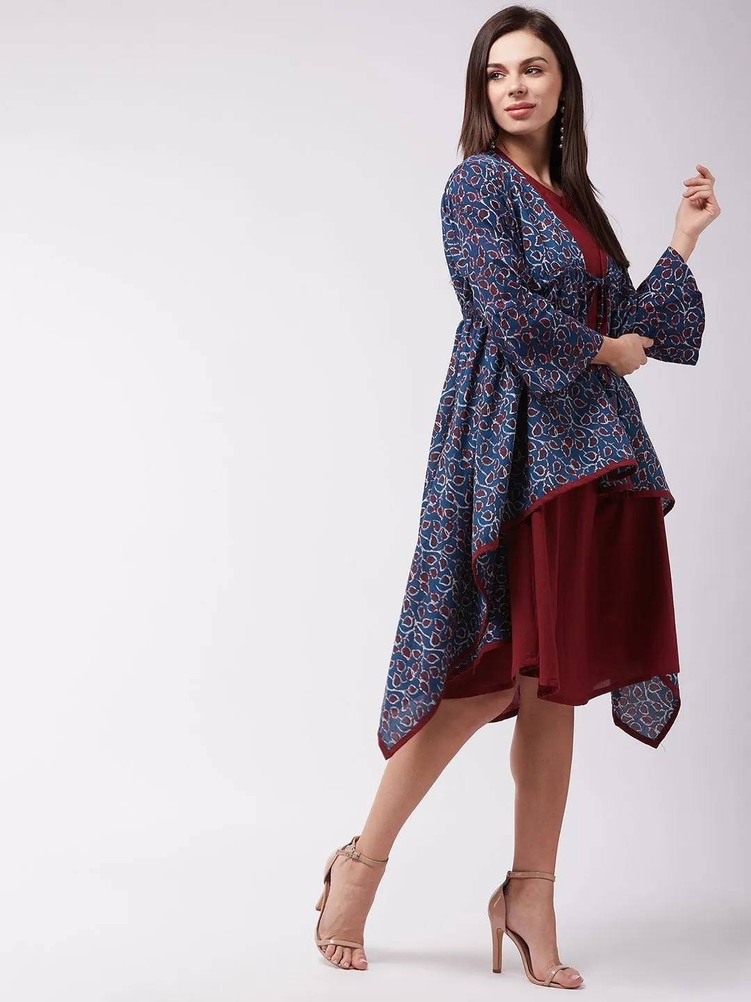 Indigo Blue Jaal Print Dress With Shrug
