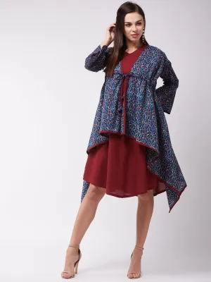 Indigo Blue Jaal Print Dress With Shrug