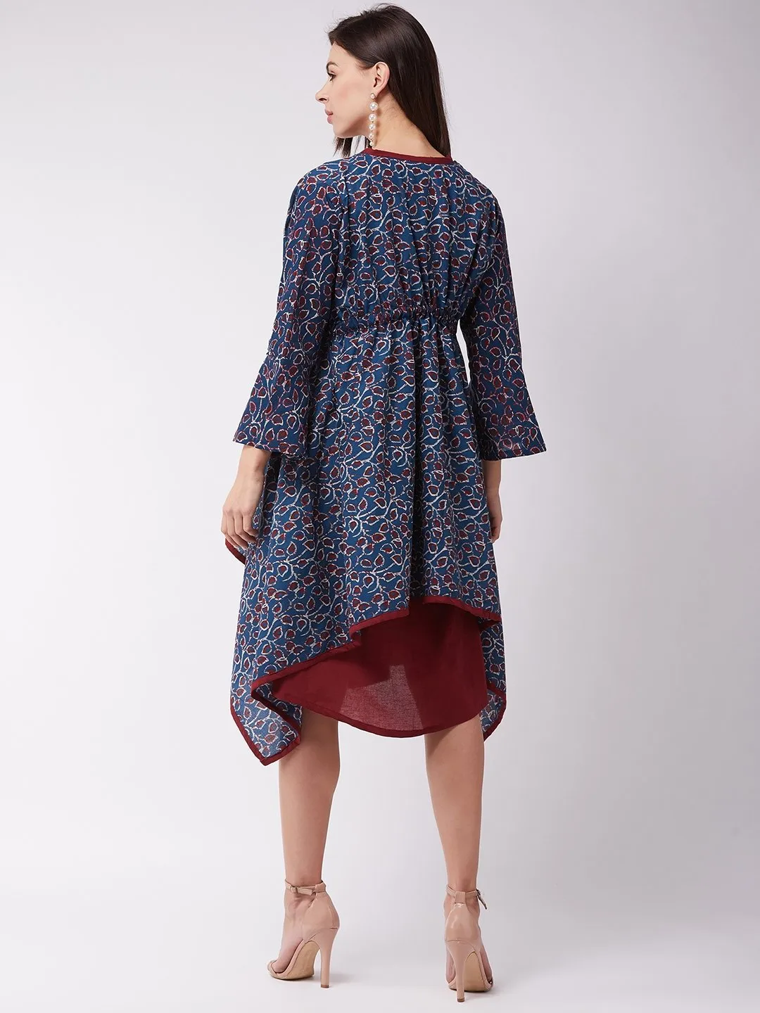 Indigo Blue Jaal Print Dress With Shrug