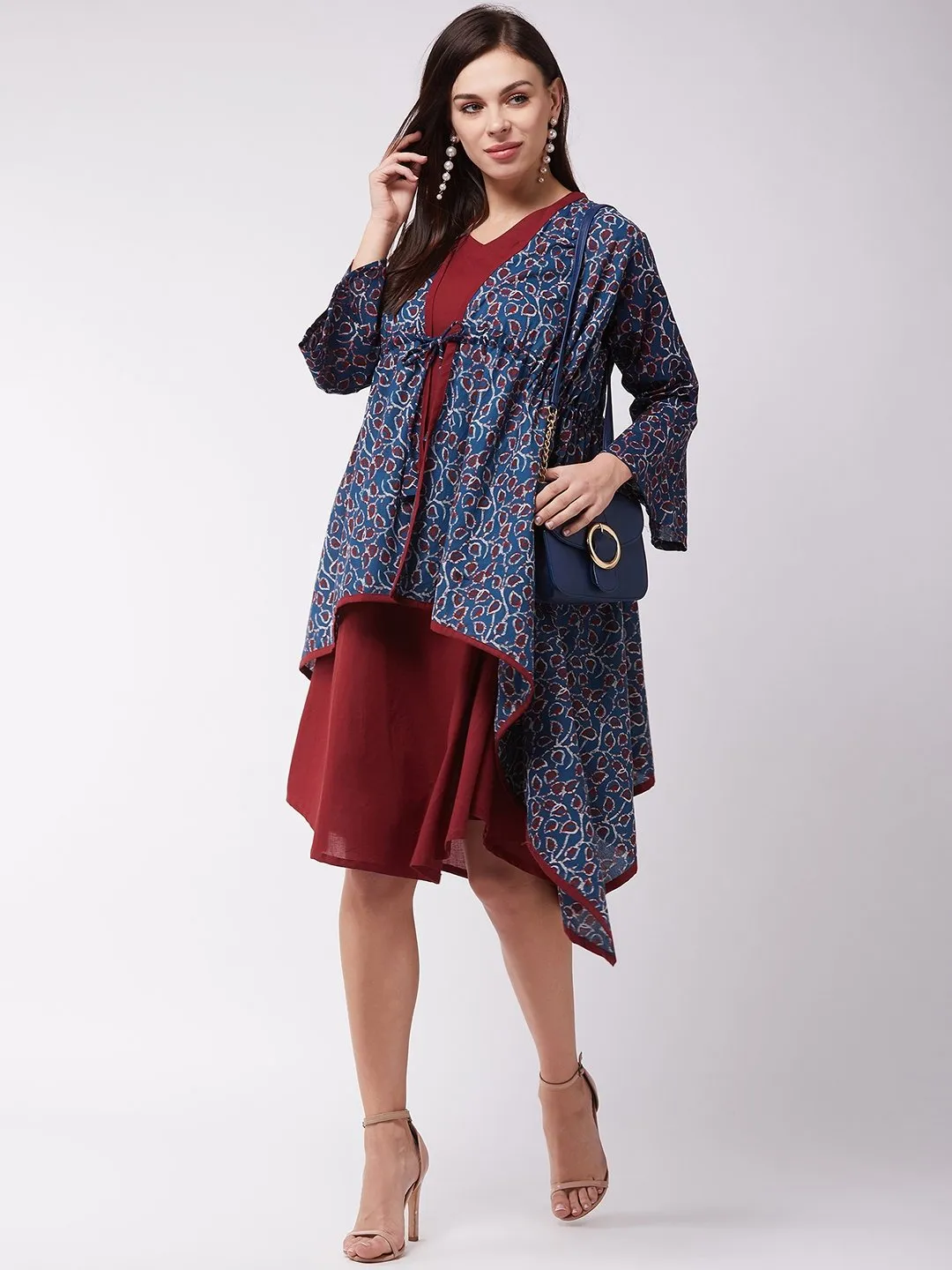 Indigo Blue Jaal Print Dress With Shrug