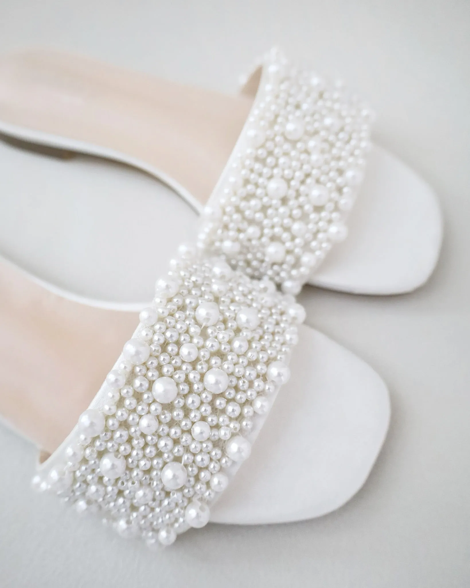 Ivory Satin Slip on Sandals with Perla Applique