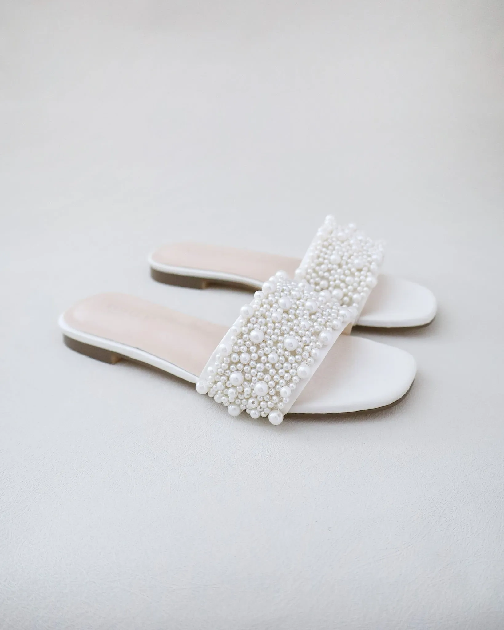 Ivory Satin Slip on Sandals with Perla Applique