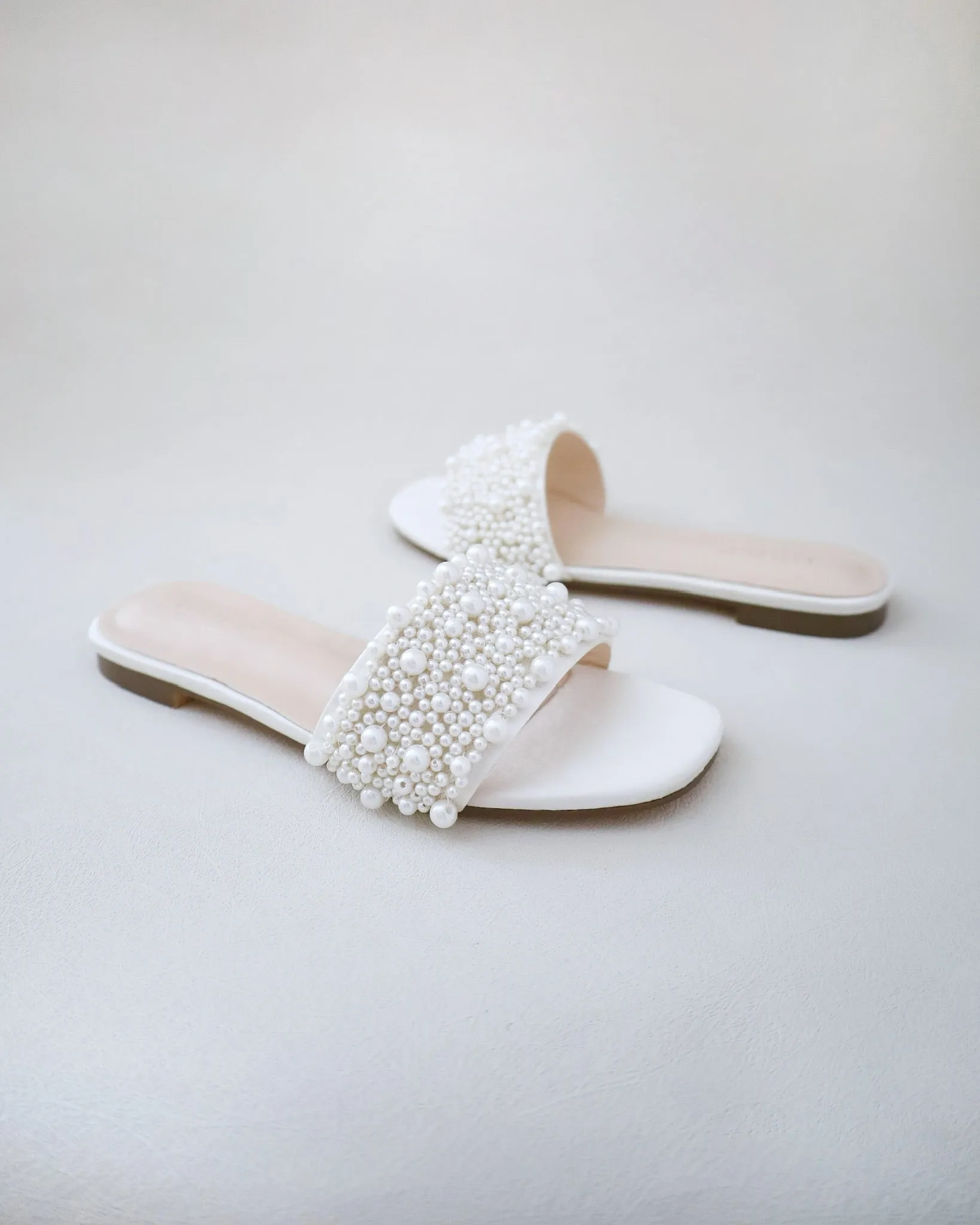 Ivory Satin Slip on Sandals with Perla Applique