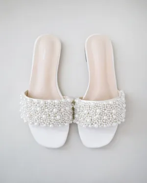 Ivory Satin Slip on Sandals with Perla Applique