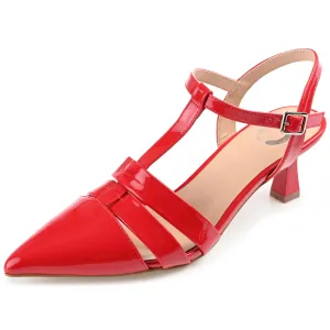Journee Womens Jazlynn Buckle Kitten Heel Pointed Toe Pumps Red