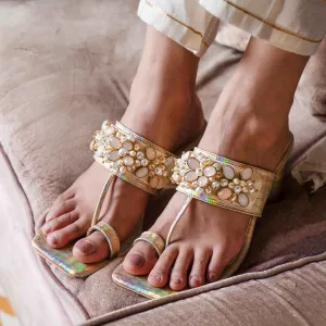 Kolas - Iridescent Gold Kolhapuri Block Heels with Changeable Straps