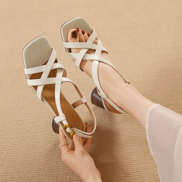 Ladies Leather Block Heel Strappy Dress Sandals