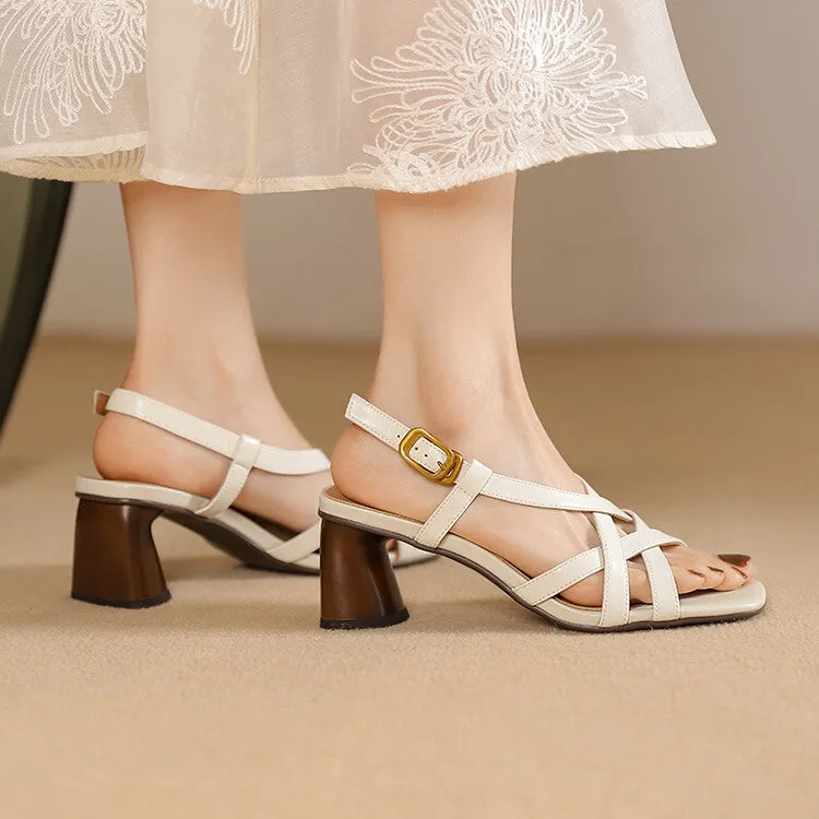 Ladies Leather Block Heel Strappy Dress Sandals