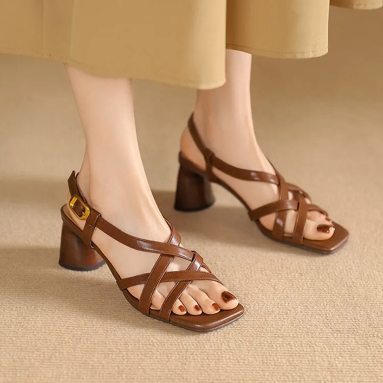 Ladies Leather Block Heel Strappy Dress Sandals