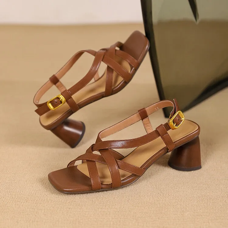 Ladies Leather Block Heel Strappy Dress Sandals