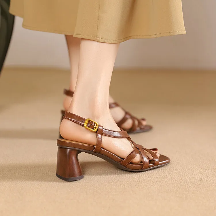 Ladies Leather Block Heel Strappy Dress Sandals