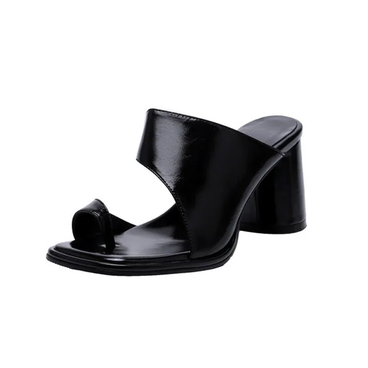 Ladies Leather Toe-Loop Block Heel Sandals