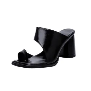 Ladies Leather Toe-Loop Block Heel Sandals