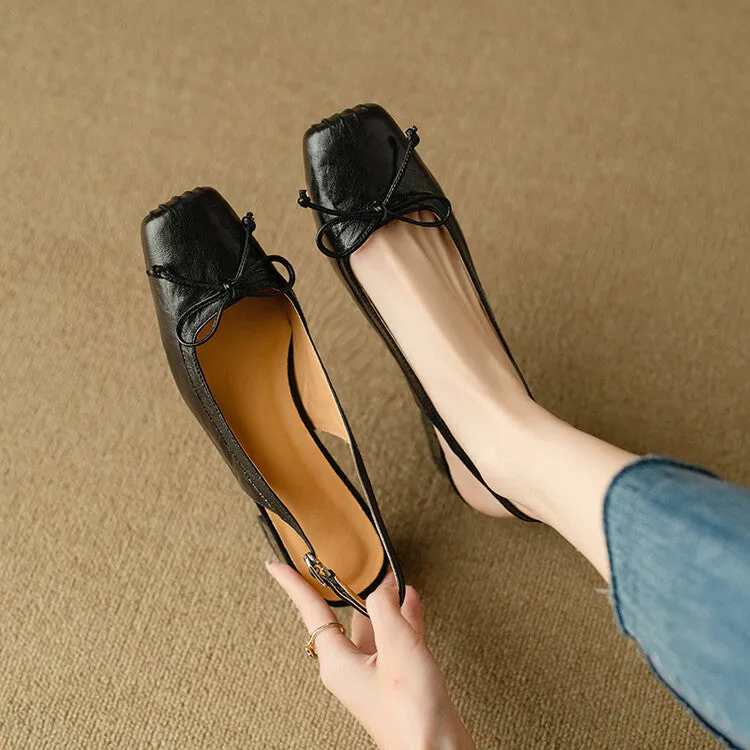 Ladies Square Toe Bow Detail Block Low Heel Slingback Pumps