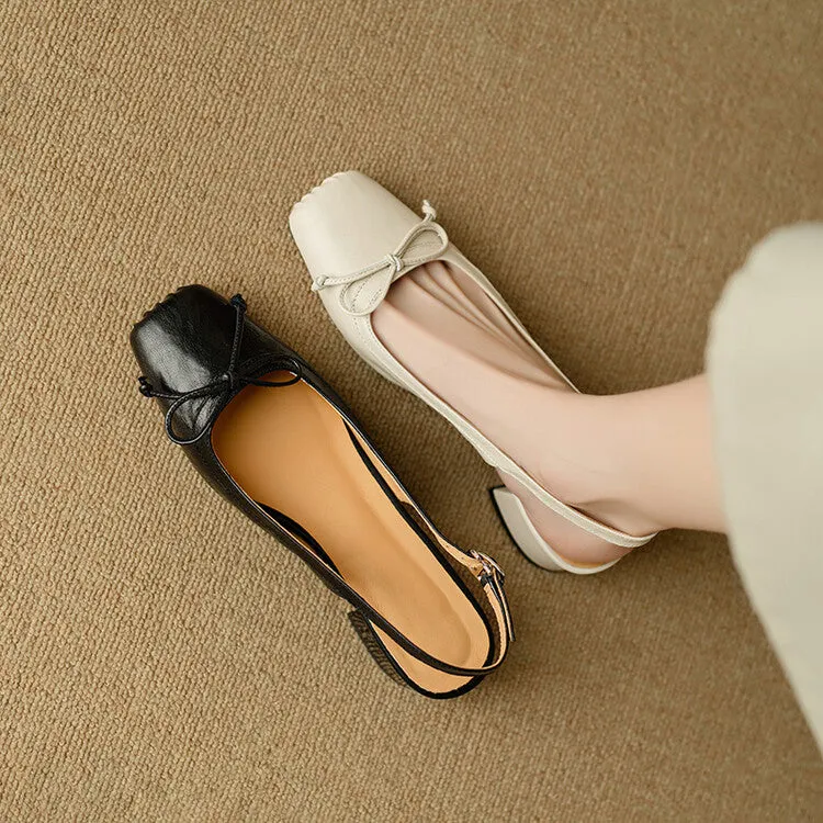 Ladies Square Toe Bow Detail Block Low Heel Slingback Pumps