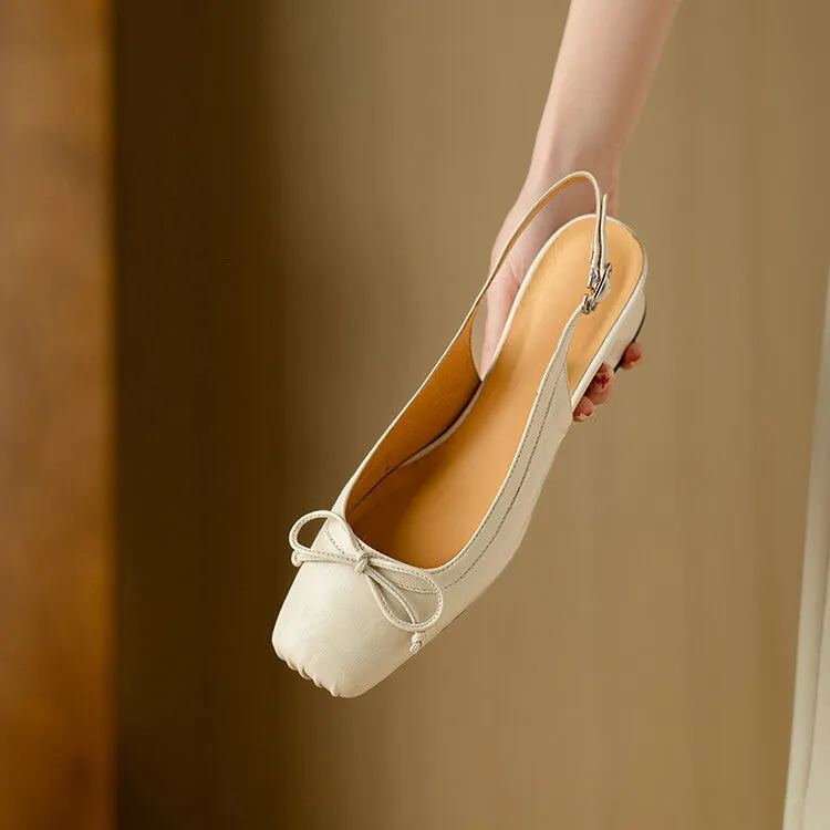 Ladies Square Toe Bow Detail Block Low Heel Slingback Pumps