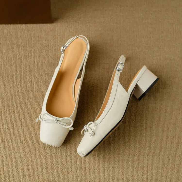 Ladies Square Toe Bow Detail Block Low Heel Slingback Pumps