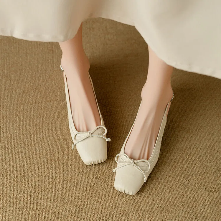 Ladies Square Toe Bow Detail Block Low Heel Slingback Pumps