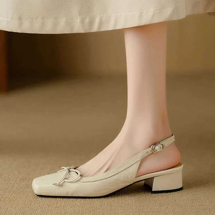 Ladies Square Toe Bow Detail Block Low Heel Slingback Pumps