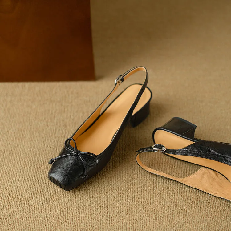 Ladies Square Toe Bow Detail Block Low Heel Slingback Pumps