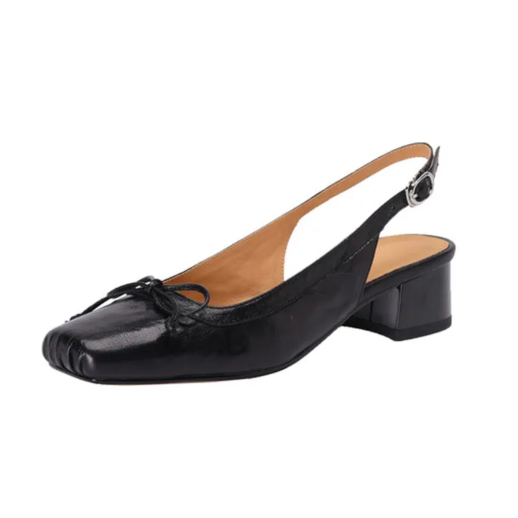 Ladies Square Toe Bow Detail Block Low Heel Slingback Pumps