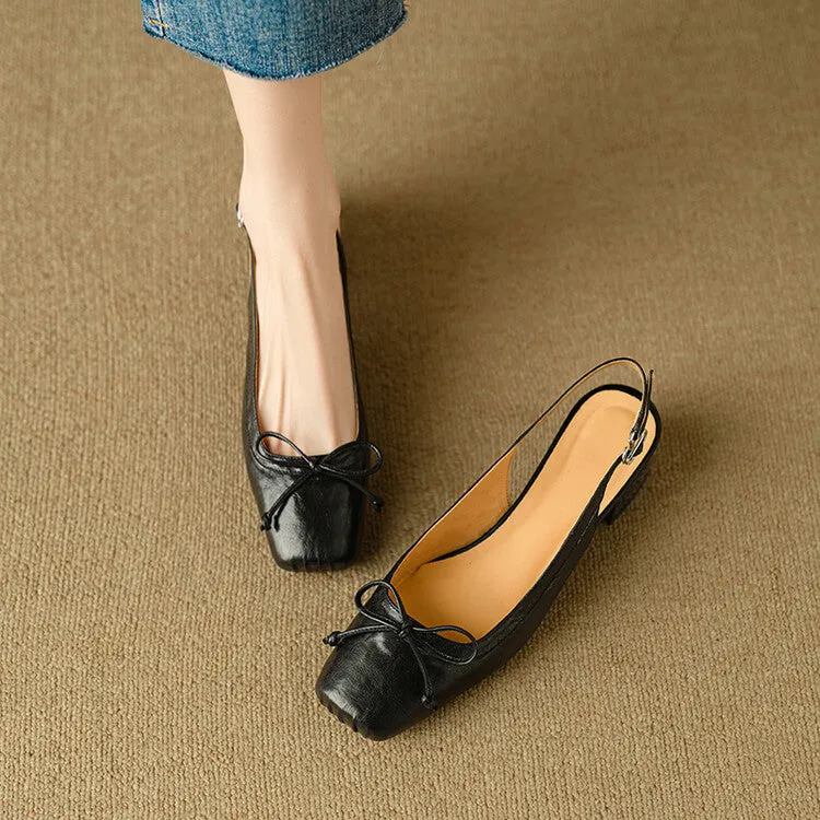 Ladies Square Toe Bow Detail Block Low Heel Slingback Pumps