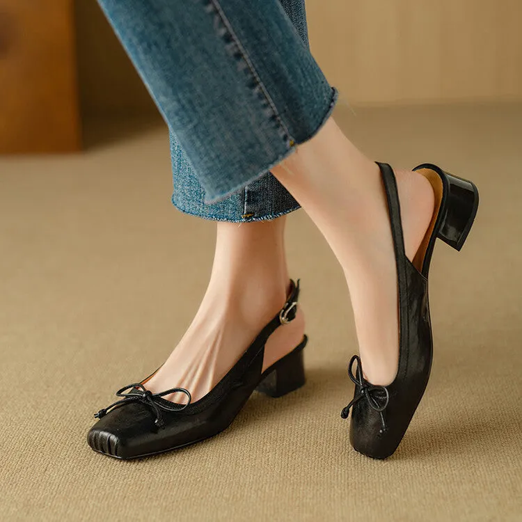Ladies Square Toe Bow Detail Block Low Heel Slingback Pumps