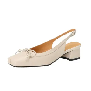 Ladies Square Toe Bow Detail Block Low Heel Slingback Pumps