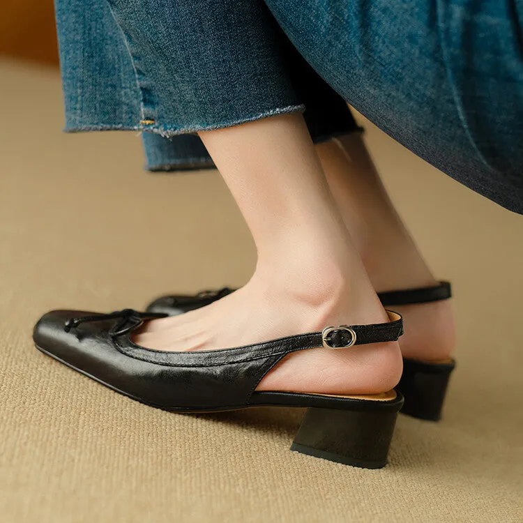 Ladies Square Toe Bow Detail Block Low Heel Slingback Pumps