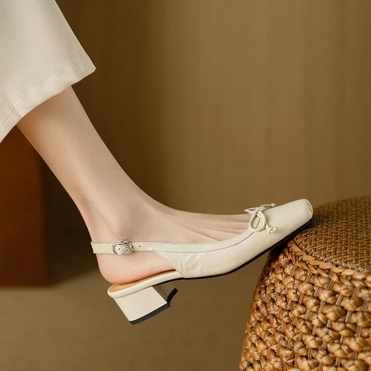 Ladies Square Toe Bow Detail Block Low Heel Slingback Pumps