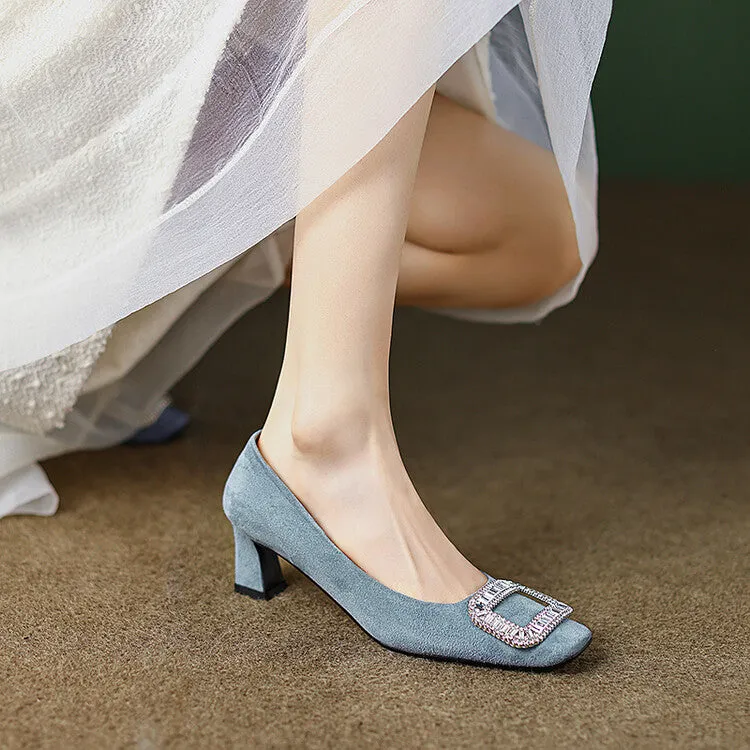 Ladies Square Toe Oversized Buckle Suede Block Heel Pumps