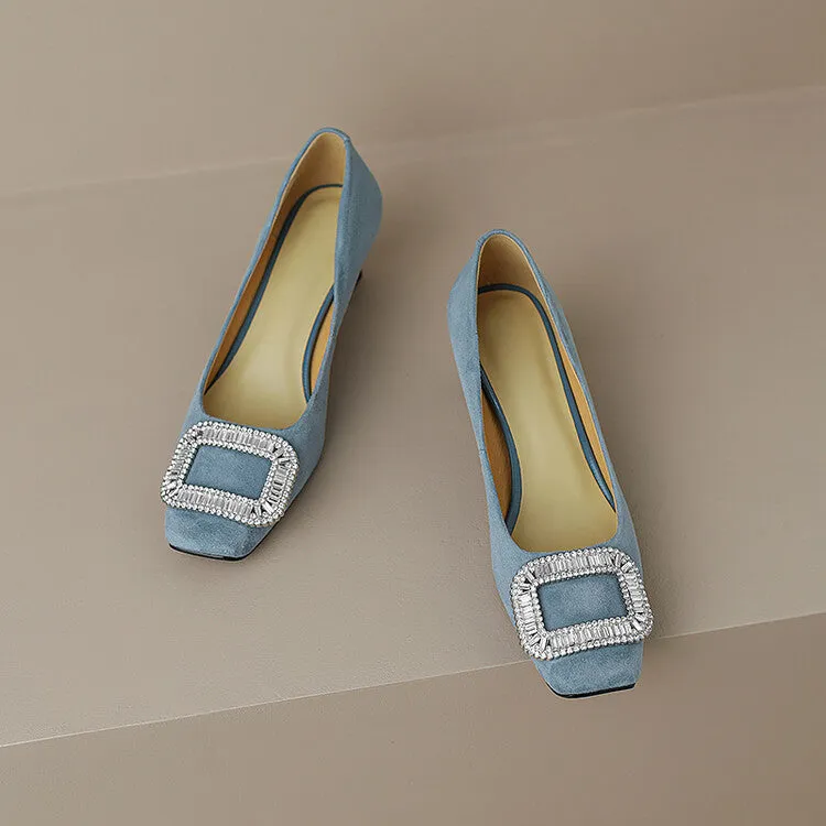 Ladies Square Toe Oversized Buckle Suede Block Heel Pumps