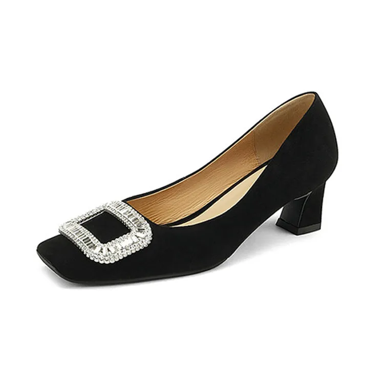 Ladies Square Toe Oversized Buckle Suede Block Heel Pumps