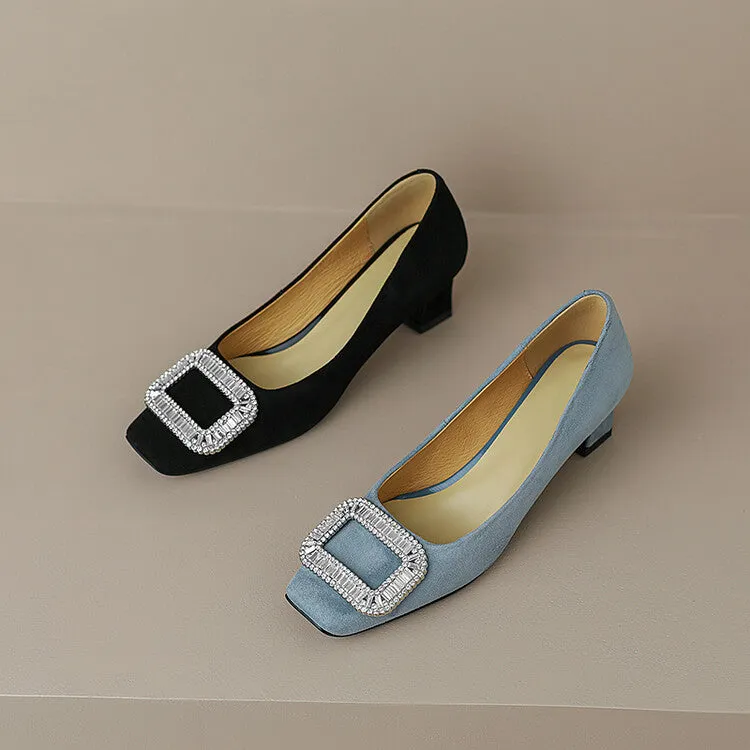 Ladies Square Toe Oversized Buckle Suede Block Heel Pumps