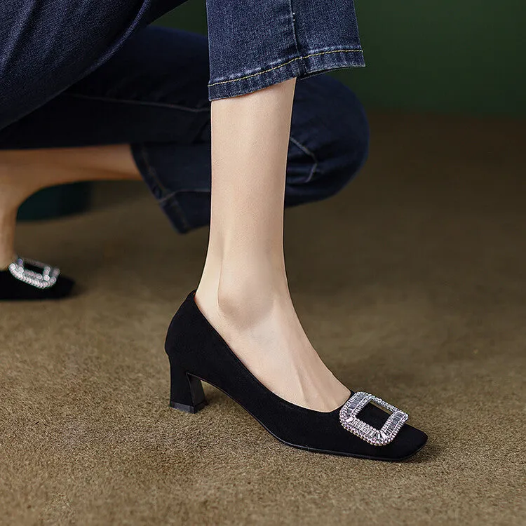 Ladies Square Toe Oversized Buckle Suede Block Heel Pumps