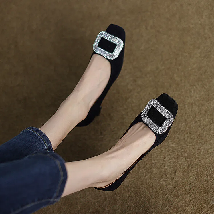 Ladies Square Toe Oversized Buckle Suede Block Heel Pumps