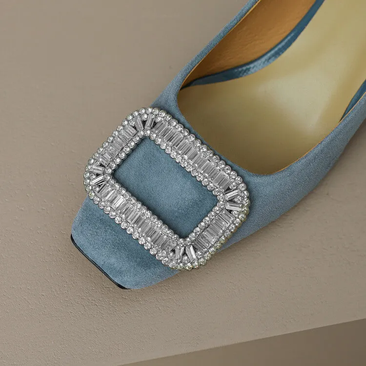Ladies Square Toe Oversized Buckle Suede Block Heel Pumps