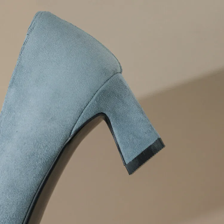Ladies Square Toe Oversized Buckle Suede Block Heel Pumps