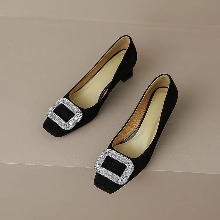 Ladies Square Toe Oversized Buckle Suede Block Heel Pumps