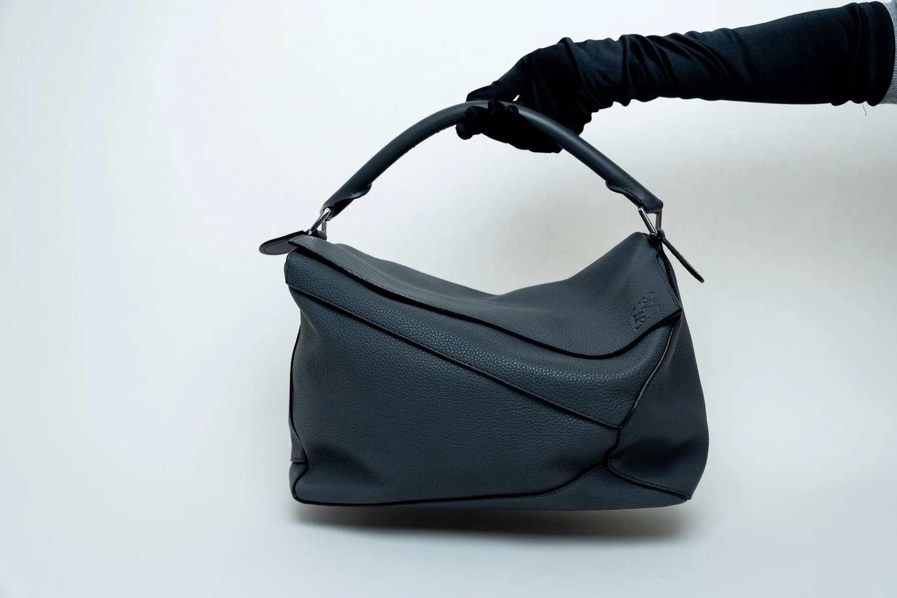 Loewe Large Size "Puzzle" Bag In Grey/Blue Pebbled Leather