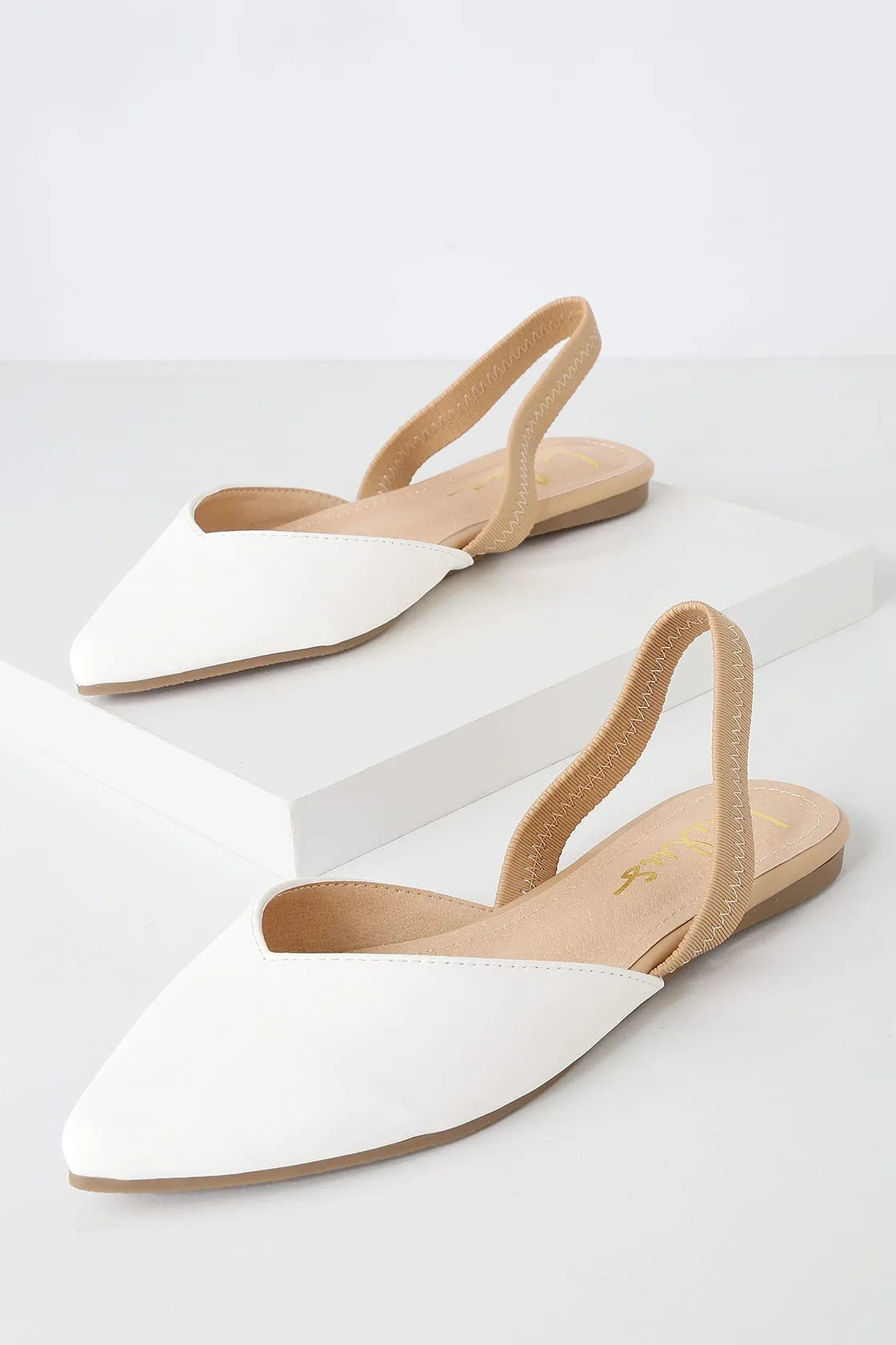 Mae White and Beige Pointed-Toe Slingback Flats